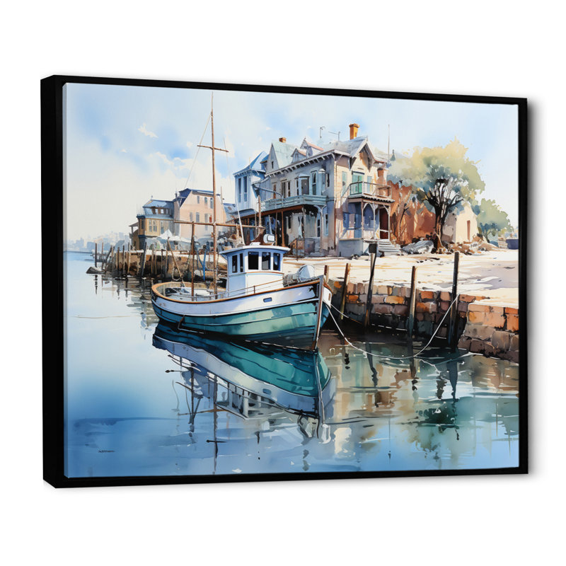 Port Harbor Reflections X - reproduction sur toile, H 12 po x l 20 po x P 1 po, Cadre flottant noir