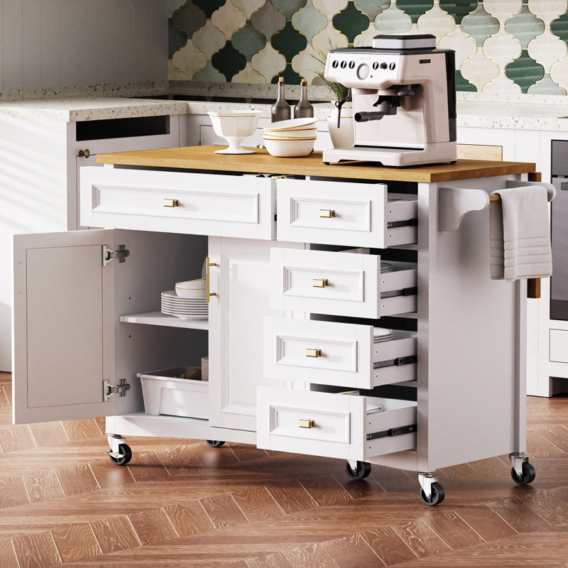 52" Kitchen Island with Drop Leaf, Embossed Texture Kitchen Island on Wheels with Spice Rack, Towel Rack, 2 Doors and 5 Drawers, Kitchen Storage Cart with Adjustable Shelf for Kitchen, White