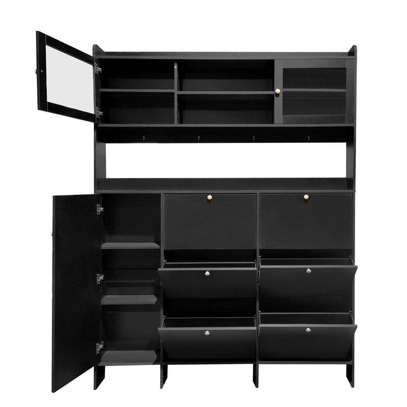 Multifunctional Tipping Bucket Shoe Cabinet With Storage Shelf & 6 Flip Drawers, Large Hall Tree With Tempered Glass Doors, Foyer Cabinet With 4 Hooks For Hallway
