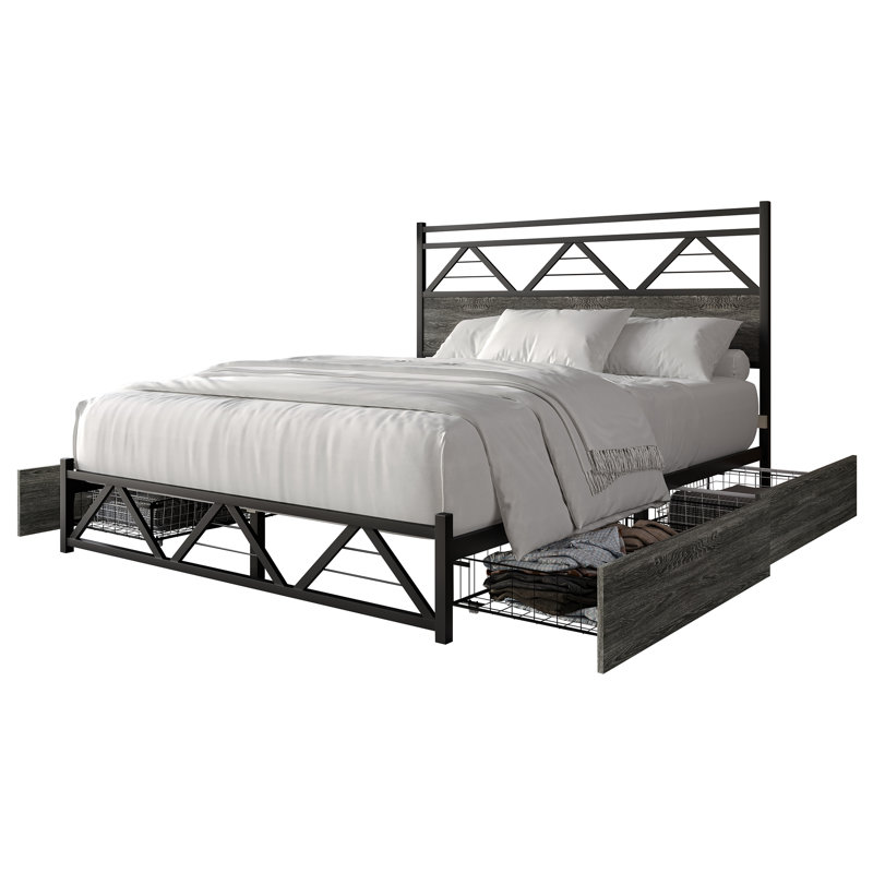 Lit plateforme double en métal avec rangement en chêne naturel, Grand, Gris foncé