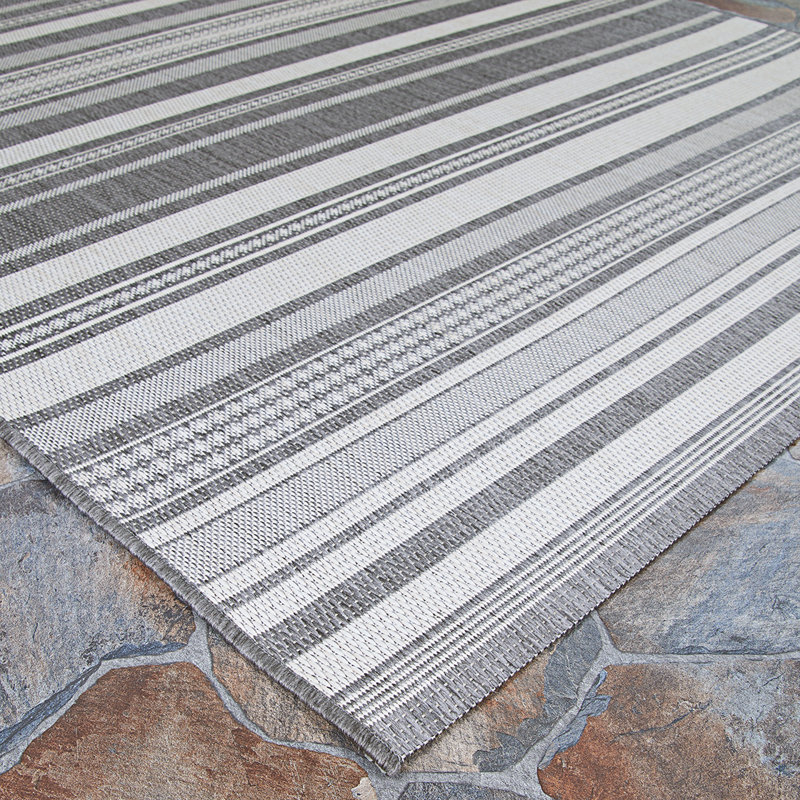 Sania Striped Indoor Outdoor Area Rug, Rectangle 5'3" x 7'6", Ivory / Silver