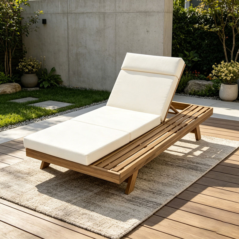 Acacia Wood Lounge Chaise With Water-Resistant Lounge Cushions, Beige & 3-Fold & 4 Inch