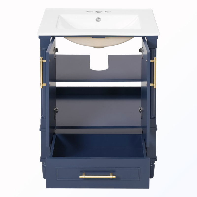 Meuble-lavabo à charnières à fermeture en douceur avec tiroir et lavabo, Bleu