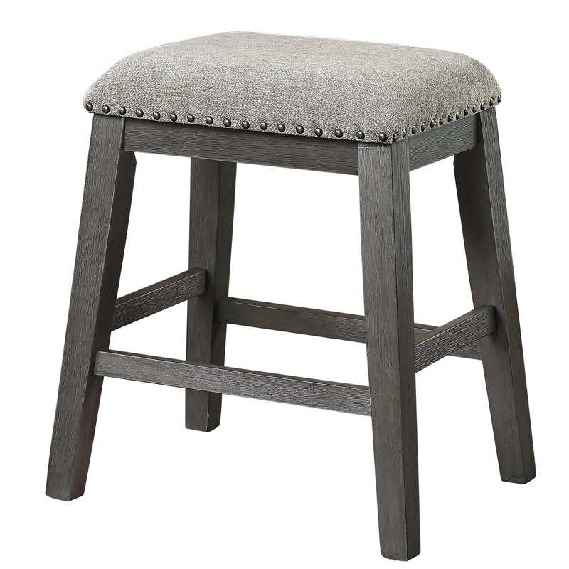 Ensemble de 2 tabourets de bar à hauteur de comptoir - Revêtement en chenille gris, garniture cloutée et pieds en acacia brossé pour un repas décontracté