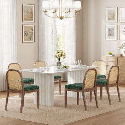 Mid-Century Farmhouse Dining Table Set For 4-6, Rectangle Wooden Kitchen Table And Chenille Chair For Dining Room, Small Space, Apartment