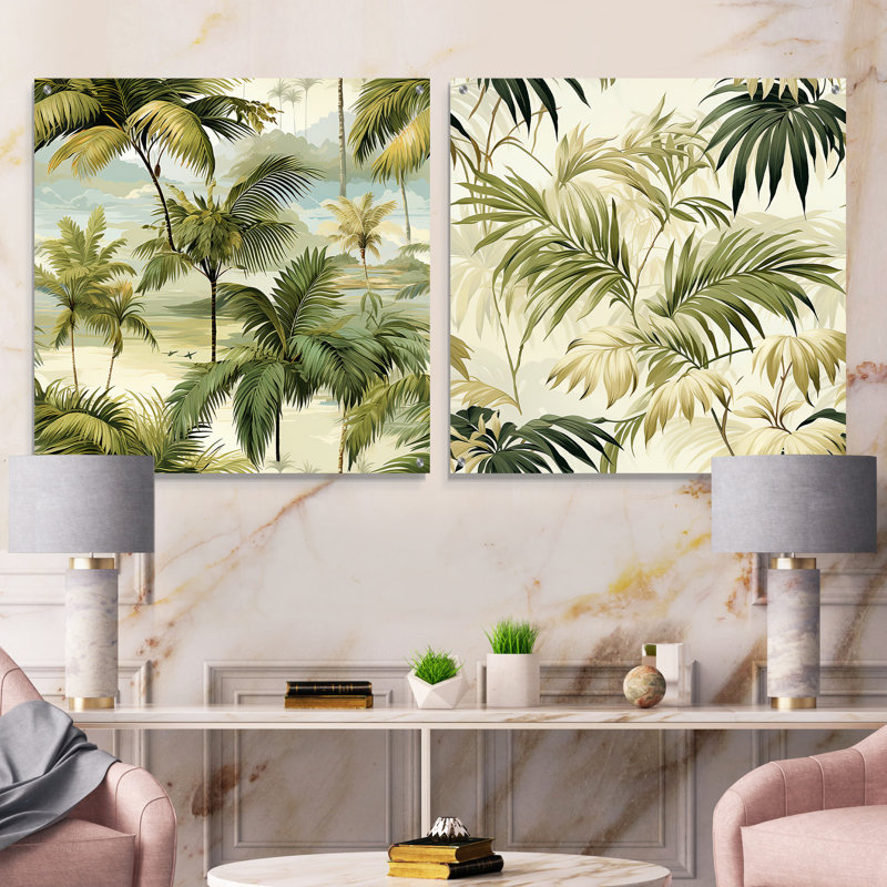 Palmier motif tropical - ensemble de 2 verres muraux en acrylique, H 36 po x l 73 po