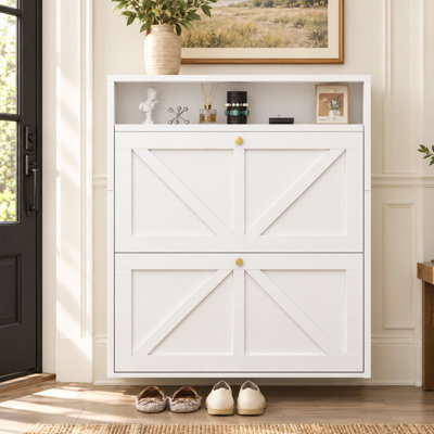 Slim Metal Shoe Cabinet with 2 Flip Drawers and Open Storage Shelf