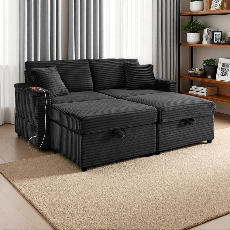 Canapé confortable moelleux en velours côtelé, espace de rangement pour grande causeuse, méridienne super moelleuse avec repose-pieds double et table de bout