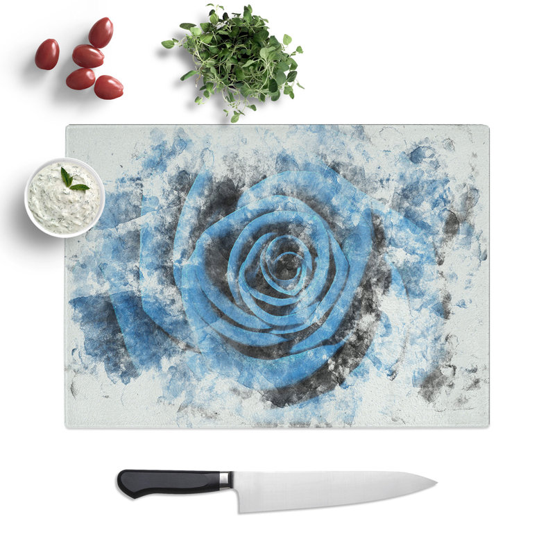 Tempered Glass Pretty Blue Rose Chopping Board, 28.5 cm x 39 cm