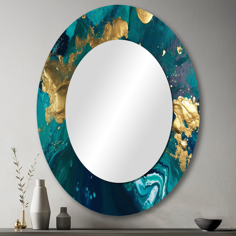 Savannahrose Teal and Gold Liquid Magic II - Abstract Decorative Mirror, Teal Wall Mirror, Printed Metal Art, 43" x 33", Oval