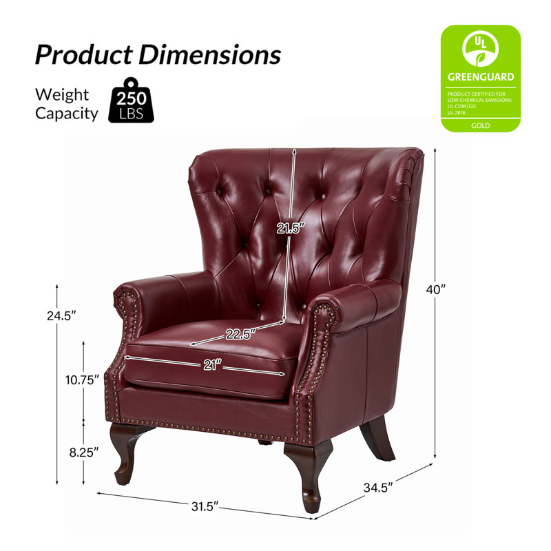 Fauteuil à oreilles en cuir véritable avec garniture cloutée 31,5 po Ansumana, Cuir véritable bourgogne