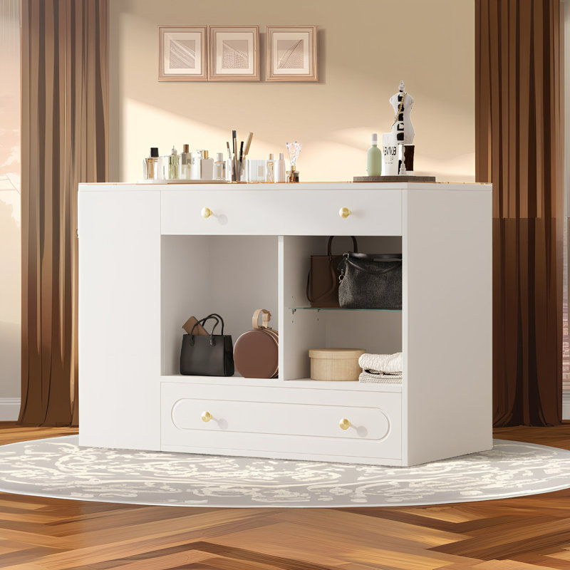 Meuble-lavabo à 6 tiroirs avec tablette ouverte et plateau en verre trempé, Blanc