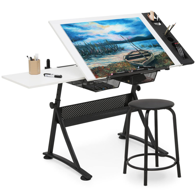 Craft and Drawing Table Workstation with Stool, Drafting Table with Slide-Out Tabletop and Drawers