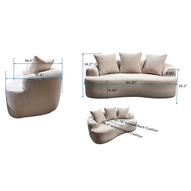 65,45 po incurvé avec assise moelleuse, noir, coussins à ressorts ensachés, 3 coussins décoratifs, sans assemblage, élément de décoration de chambre à coucher