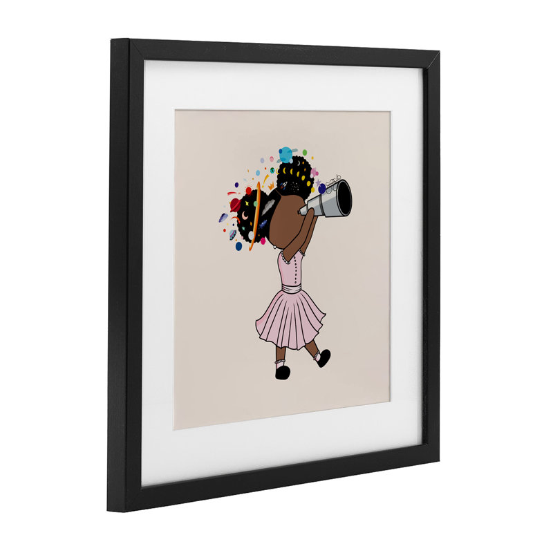 Celeste Girl with Telescope Framed Print Under Glass, design by Sierra Siler, 13" H x 13" W, Midnight Black Frame