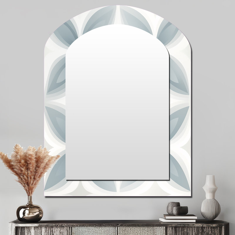Soft Monochrome - Damask Arch Decorative Wall Mirror, Boho Asymmetrical Mirror, Printed Metal Art, 43" x 33"