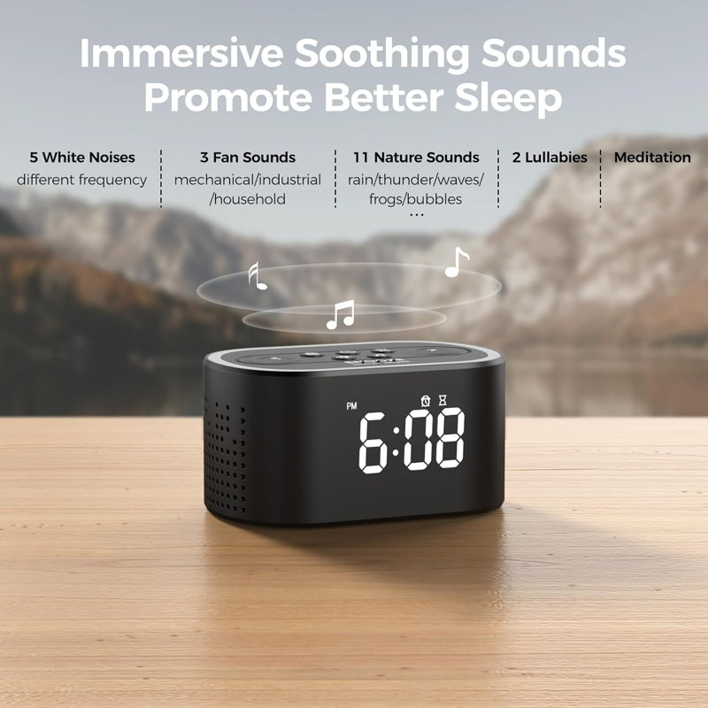 Digital Alarm Clock & White Noise Sound Machine 21 Soothing Sounds 7 Wake Up Sounds 8 Night Lights 32-Level Volume 9 Sleep Timer, Memory Function
