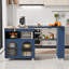 Îlot de cuisine avec table allongée, lumières DEL, prises de courant, porte en verre cannelé, prises modernes bleu marine, finition bleue