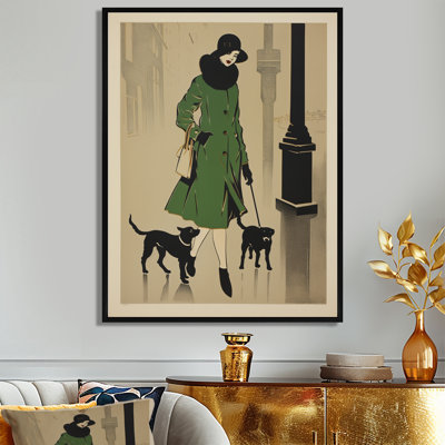 Retro Illustration Woman Walking Dogs - Fashion Woman Wall Art