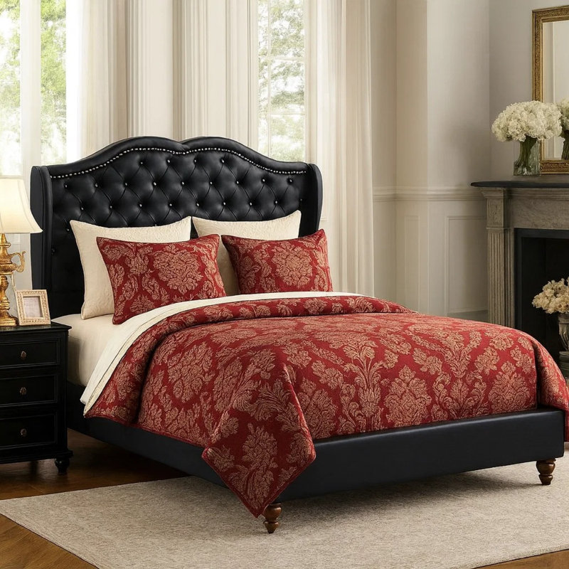Kansas Upholstered Faux Leather Bed, Queen, Black