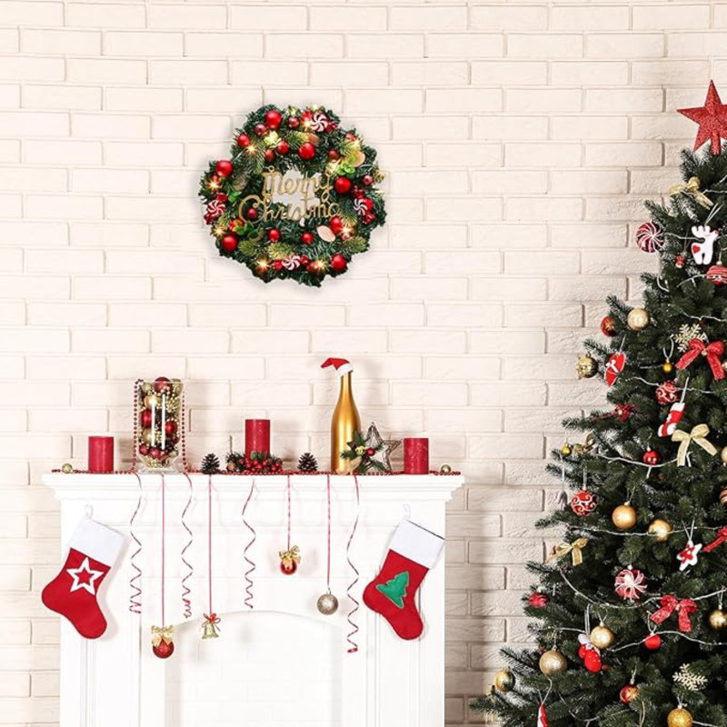 Couronne de Noël artificielle pré-éclairée, couronnes de Noël éclairées pour la porte d'entrée, couronne de Noël intérieure et extérieure pour les décorations de Noël