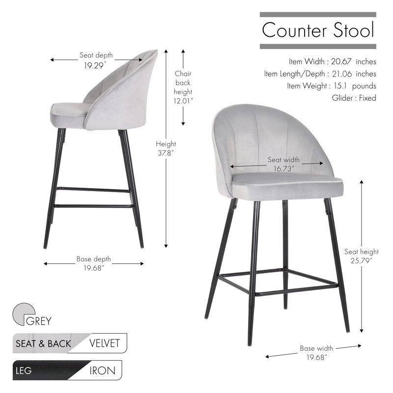 Upholstered Counter Stool with Metal Frame, Grey