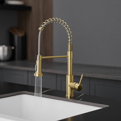 Kitchen Faucet With Pull Down Sprayer Brushed Gold Stainless Steel Single Handle Pull Out Spring Sink Faucets