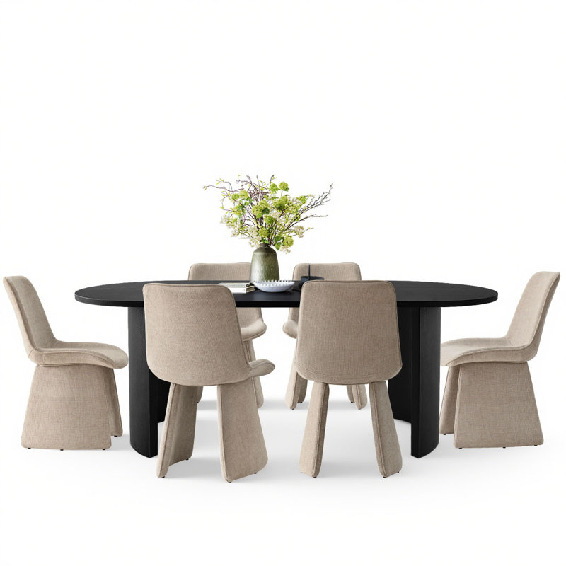 7-Piece Modern Oval Dining Table Set, Khaki
