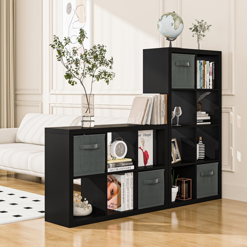 Bookshelf with Storage Bins, 12-Cube Storage Organizer Wooden Bookcase Modern Open Display Shelf, Black