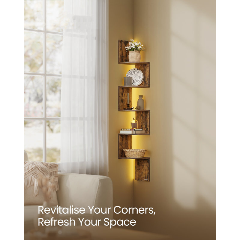 Wall Mounted Corner Shelf With RGB LED Lights, 5-Tier Floating Corner Bookshelf, Plant Shelf, For Bedroom, Living Room, Bathroom, Office, Button And Remote Control