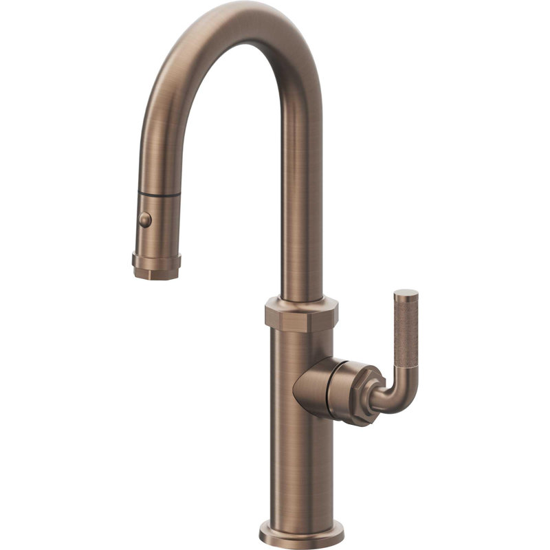 Descanso Kitchen Pull-Down Prep/Bar Faucet with Button Sprayer, Antique Nickel Flat