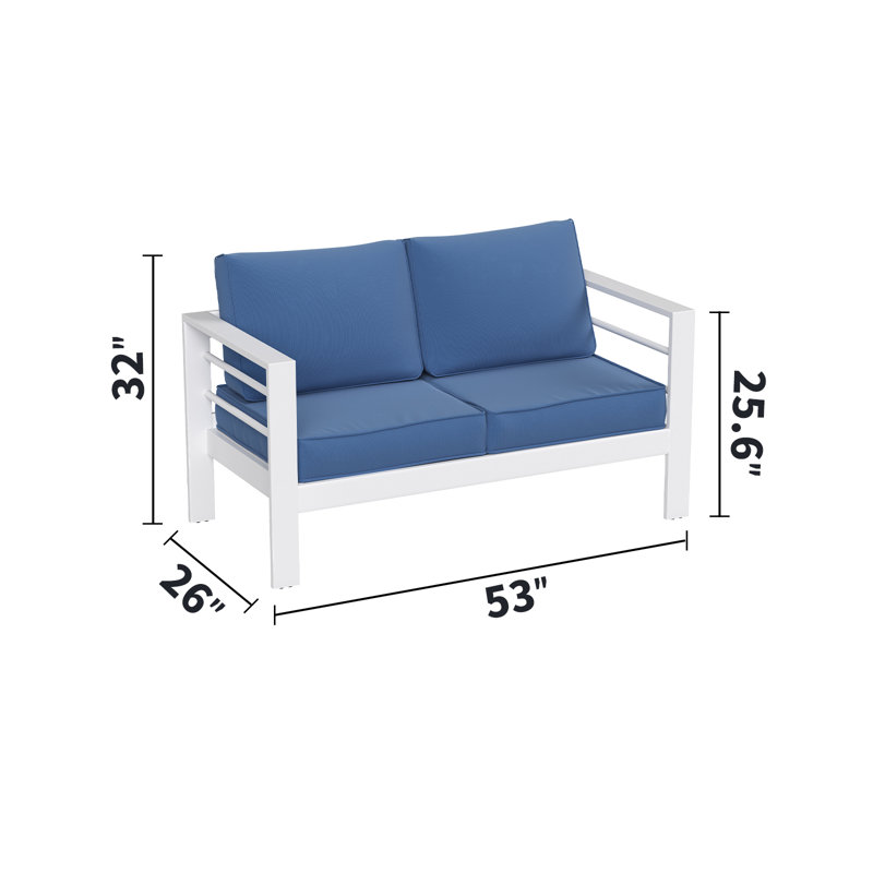2-Person Outdoor Sofa with Cushions, White Frame / Blue Cushion