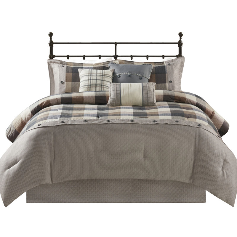 Édredon pour grand lit 7 pièces Ridge - Chevron neutre, tissu écossais Buffalo, lavable à la machine, coussins décoratifs, jupe de lit, tissu à chevrons, rembourrage, comprend édredon, taies décoratives, coussins et