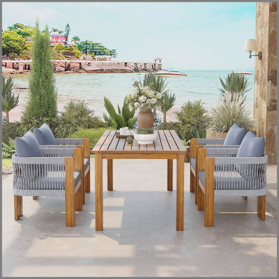Luxury 5-Piece Outdoor Patio Dining Set for 4, Solid Acacia Wood Dinning Set with Rope Woven Chairs,Farmhouse Dining Furniture Set for Garden, Backyard, Poolside