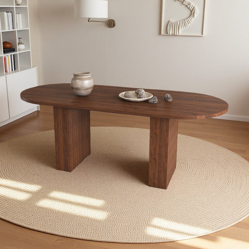 62.9'' Farmhouse Dining Table With Wood Strip Base,  Oval Kitchen Table For 6 People, Walnut