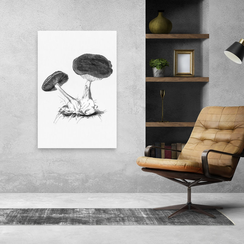 Affiche murale rétro vintage en noir et blanc représentant un champignon en toile violette., H 48 po x l 32 po