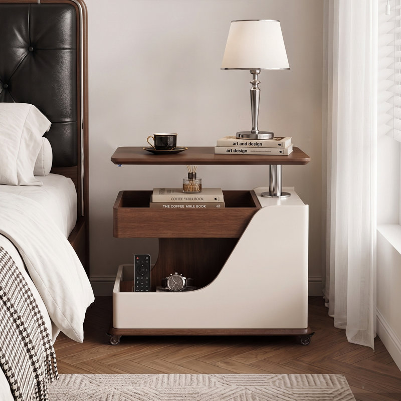 Table basse portative à hauteur réglable avec roulettes de rangement et verrouillables, table d'appoint en noyer pour le salon, le balcon ou la chambre à coucher