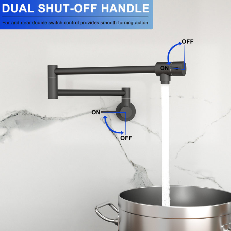 Wall Mount Kitchen Faucet - Pot Filler, Matte Black, Single Hole, 360 Rotatable, Two Handles, Save Counter Space Mounted Filler