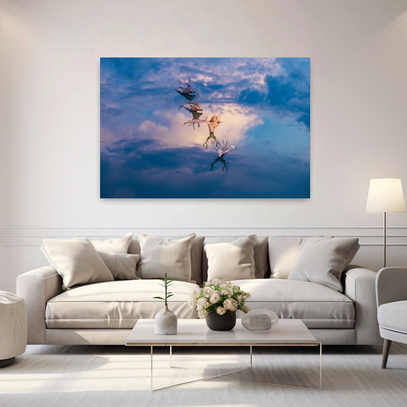 Deers in Reflection, art mural contemporain abstrait, H 60 po x l 40 po