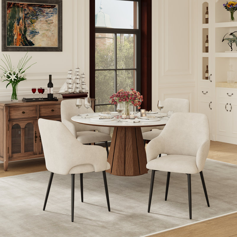 Modern Fabric Upholstered Dining ArmChair with Metal Legs, Ergonomic Back, Beige