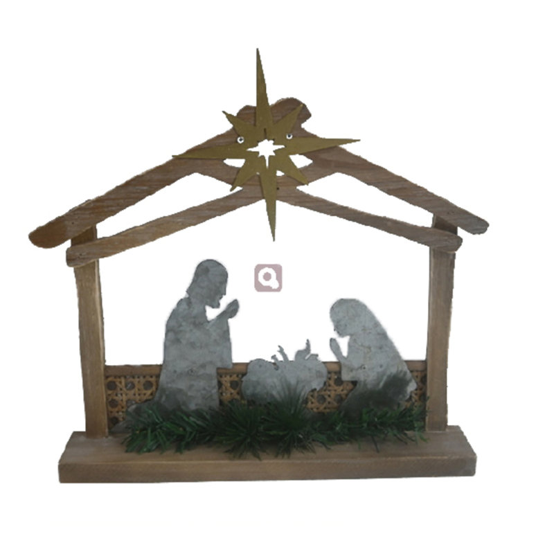 Décoration de table de silhouette de crèche de Noël - 2,5 po x 2 po x 12 po - brun, blanc, vert