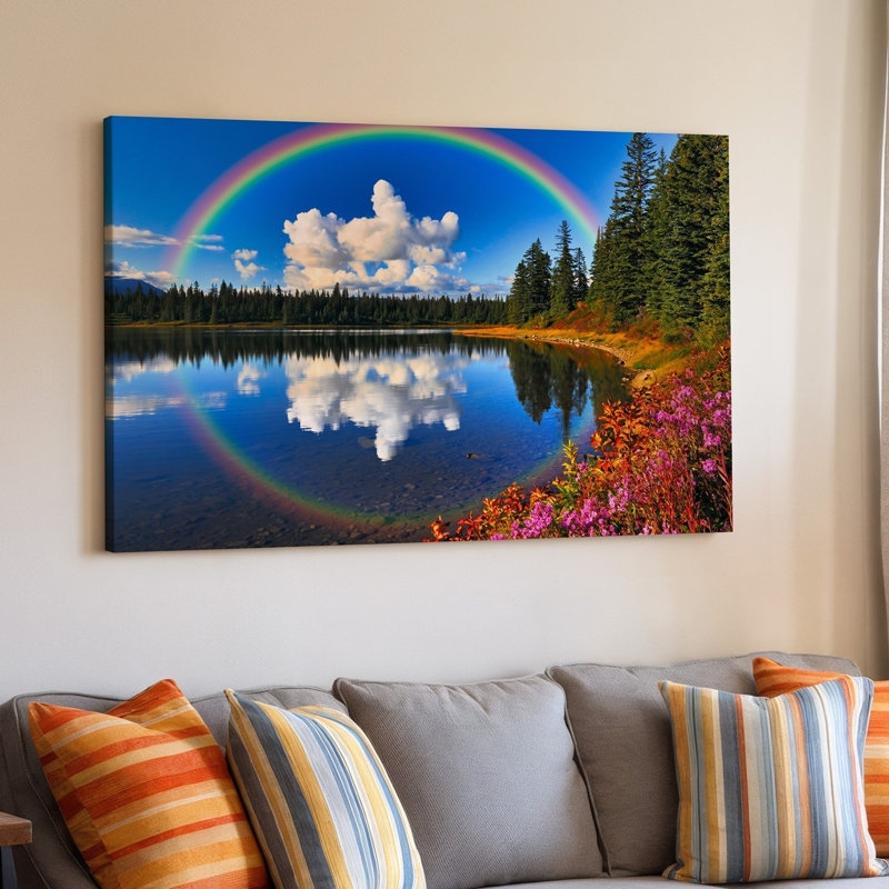 Toile, paysage vibrant mettant en valeur un lac serein reflétant un brillant art mural arc-en-ciel sur un ciel bleu clair avec toile