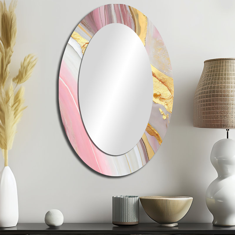Pink And Gold Marble Abstract III - Abstract Oval Decorative Mirror On Metal, 36" x 24"