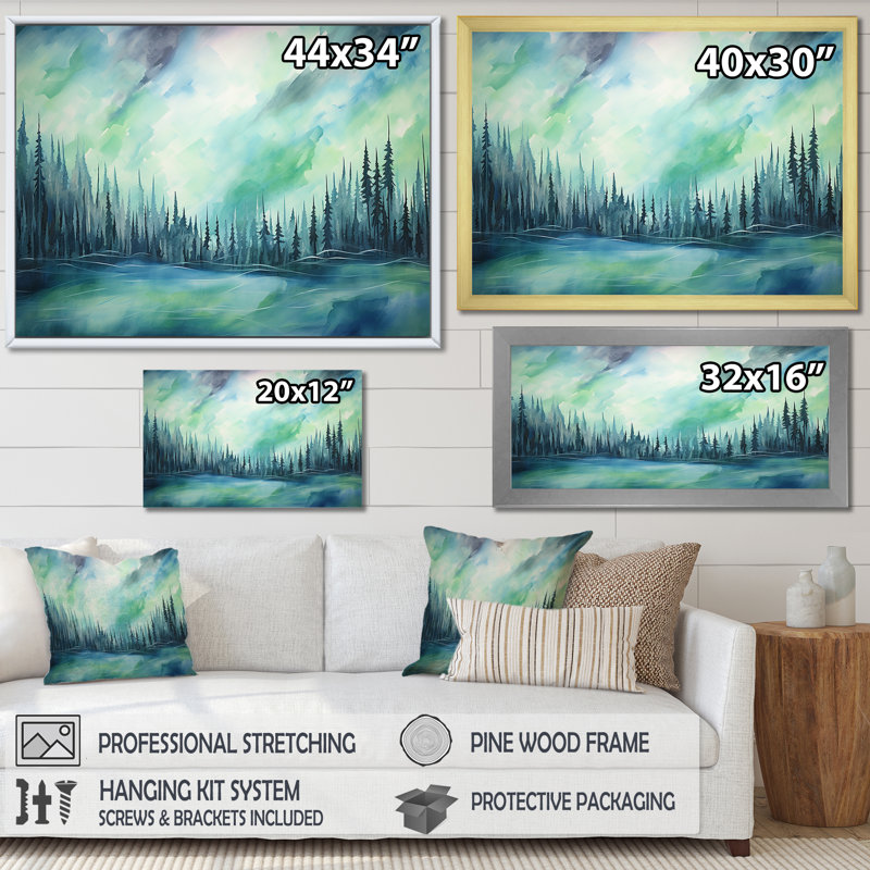 «Northern Lights Scenery Minimalisme II», reproduction sur toile, Cadre flottant blanc, H 16 po x l 32 po x P 1 po