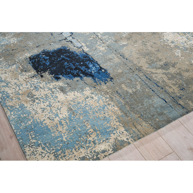 Picasso hand-knotted Wool/Silk Blue/Silver/Black Area Rug, 8'X10'