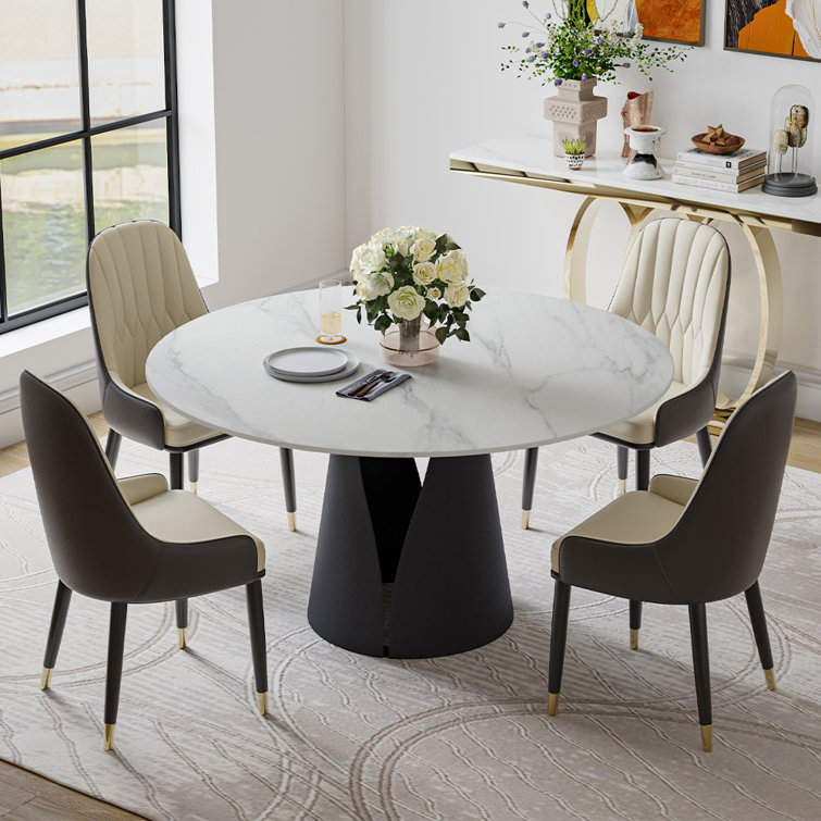 Modern Matte WhiteDining Room Sets, Pre-Assembly Round Dining Table Sets, Sintered Stone Tabletop Kitchen Dining Table Set with PU Upholstered Chairs