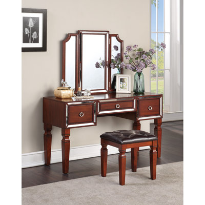 Luxurious Bedroom Vanity - Cherry Colour, 3 Drawers, And Tri Mirror Majestic Colour With Stool Drawers