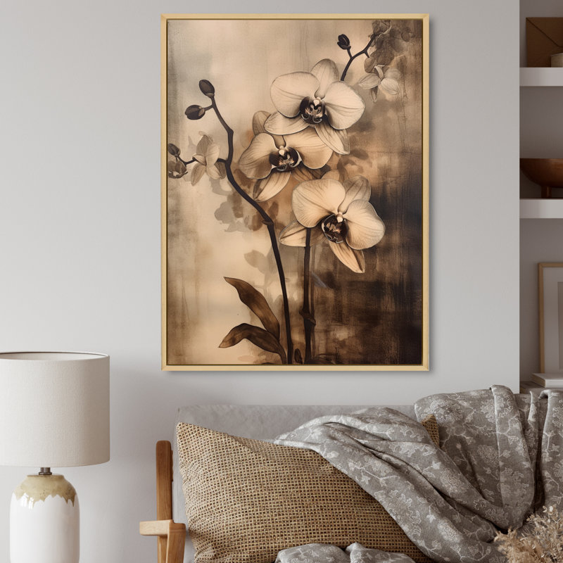Orchidées exotiques brunes sur toile, Cadre naturel flottant, H 32 po x l 24 po x P 1 po