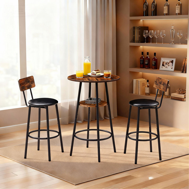 Ensemble de table de bar et de chaises 3 pièces, petite table de salle à manger pour 2 personnes avec rangement à 2 niveaux et 2 tabourets de bar rembourrés en polyuréthane pour la cuisine, la salle à manger, le salon, le bar, le café, le coin petit espace, rustique