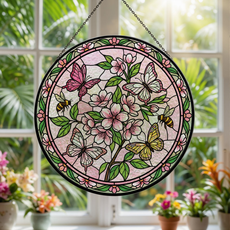 Panneau de vitrail floral, H 12 po x l 12 po